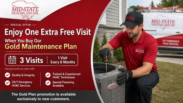 Mid-State Heating and Air 3-year labor warranty and single unit HVAC maintenance plan for Columbia SC homeowners
